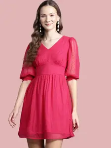 Deewa Women Self Design Puff Sleeve Fit & Flare Dress