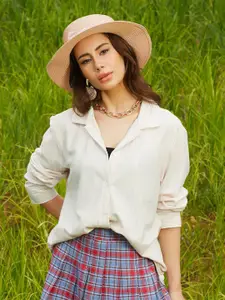 Campus Sutra Women Comfort Cuban Collar Textured Cotton Oversized Casual Shirt