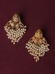 PANASH Gold-Plated Cubic Zirconia Studded Peacock Shaped Drop Earrings