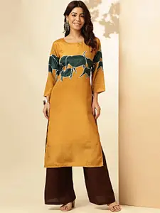 Vbuyz Animal Printed Round Neck Three Quarter Sleeves Straight Kurta