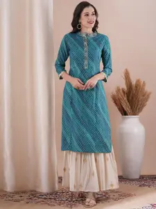 FASHOR Leheriya Printed Mandarin Collar Muslin Silk Straight Kurta