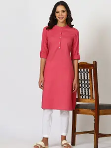 W Mandarin Collar Pastel Roll-Up Sleeves Straight Kurta