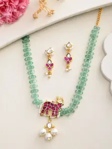 DASTOOR Gold-Plated Stone-Studded Necklace & Earrings