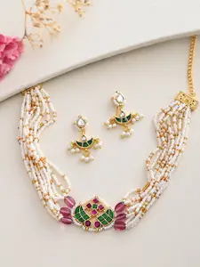 DASTOOR Gold-Plated Stone-Studded Necklace & Earrings
