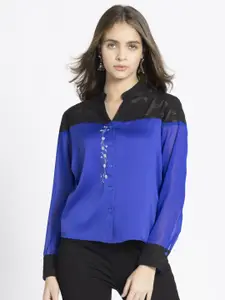 SHAYE Women Smart Mandarin Collar Floral Self Design Satin Relaxed Fit Casual Shirt