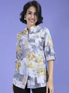 KALINI Women Classic Mandarin Collar Floral Printed Cotton Casual Shirt