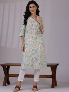 W Beige Floral Printed V-Neck Three-Quarter Sleeves Pure Cotton Straight Kurta