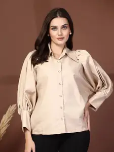 plusS Women Spread Collar Solid Cotton Casual Shirt