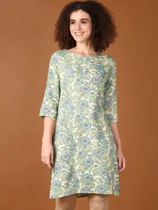 V-Mart Floral Printed Round Neck Three-Quarter Sleeves Regular Straight Kurta