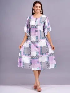HIGHLIGHT FASHION EXPORT Women Printed Tie-Up Neck Batwing Sleeve A-Line Midi Dress