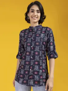 KALINI Women Classic Mandarin Collar Floral Printed Cotton Casual Shirt