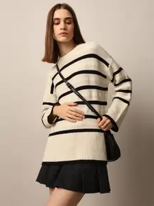 ONLY Women Round Neck Long Sleeves Striped Longline Pullover