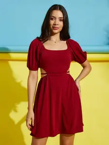 AAHWAN Women Square Neck Puff Sleeve Fit & Flare Mini Dress