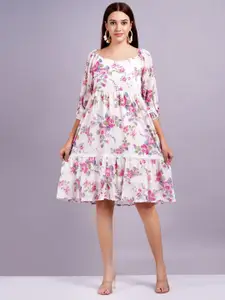 HIGHLIGHT FASHION EXPORT Women Floral Printed Puff Sleeves Fit & Flare Knee Length Dress