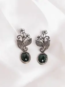 PANASH Silver-Plated Cubic Zirconia Studded Leaf Shaped Oxidised Drop Earrings