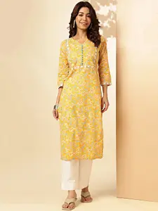 Vbuyz Floral Printed V-Neck Straight Cotton Kurta