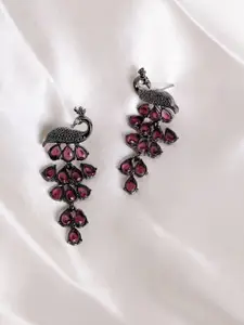 PANASH Silver-Plated Cubic Zirconia Studded Peacock Shaped Drop Earrings