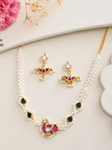 DASTOOR Gold-Plated Stone Studded & Beaded Necklace & Earrings