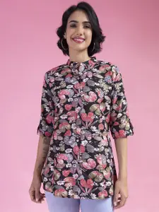 KALINI Women Classic Mandarin Collar Floral Printed Cotton Casual Shirt