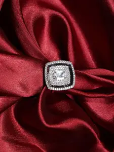 PANASH Silver-Plated Cubic Zirconia Stone-Studded Adjustable Finger Ring