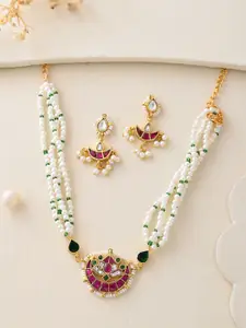 DASTOOR Gold-Plated Stone-Studded & Beaded Necklace & Earrings