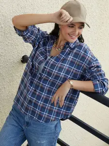 Campus Sutra Women Comfort Spread Collar Tartan Checked Cotton Oversized Casual Shirt