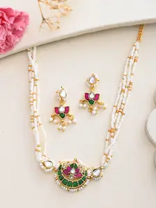 DASTOOR Gold-Plated Kundan-Studded & Beaded Necklace & Earrings