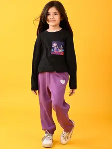 Anthrilo kids Girls Graphic Printed Round Neck T-shirt With Fleece Joggers