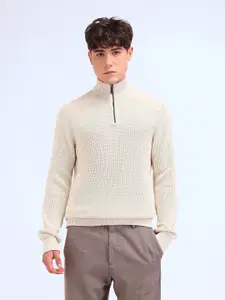 Flying Machine Men Mock Collar Half Zipper Ribbed Pullover