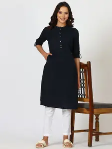 W Mandarin Collar Indigo Roll-Up Sleeves Straight Kurta