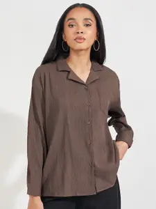 Styli Women Cuban Collar Textured Oversized Casual Shirt