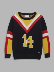 Blue Giraffe Boys Typography Colourblocked Pullover Cotton Sweater