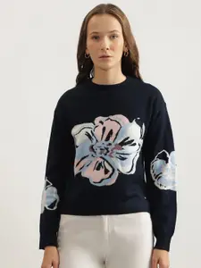 ELLE Women Floral Self Design Round Neck Pullover Sweater