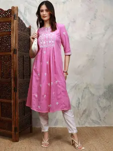 Vishudh Ethnic Motifs Embroidered Keyhole Neck Thread Work Cotton A-Line Kurta