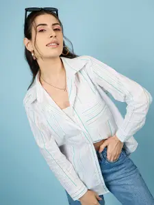 CHIMPAAANZEE Women Spread Collar Candy Striped Cotton Oversized Casual Shirt