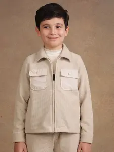 One Friday Boys Spread Collar Self Design Casual Open Front Jacket