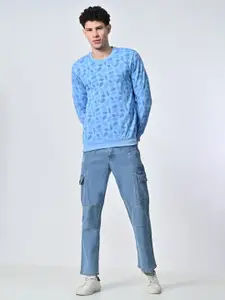 BAESD Men Floral Printed Round Neck Fleece Pullover Ribbed Sweatshirt