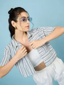 CHIMPAAANZEE Women Spread Collar Vertical Striped Casual Shirt