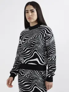 ELLE Women Abstract Self Design Round Neck Pullover Sweater