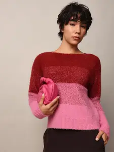 ONLY Women Colourblocked Boat Neck Pullover Sweater