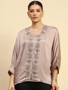 Global Republic Women Embellished Round Neck Poly Silk Top