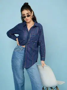 CHIMPAAANZEE Women Spread Collar Vertical Striped Cotton Oversized Casual Shirt