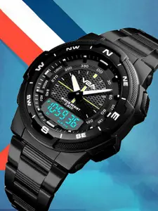 V2A Men Patterned Dial & Stainless Steel Bracelet Style Straps Analogue and Digital Watch SK-1370-Black