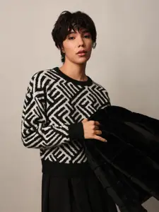 ONLY Women Abstract Self Design Round Neck Pullover Sweater