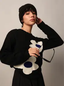 ONLY Women Floral Self Design Round Neck Pullover Sweater