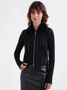 ELLE Women Striped Mock Collar Cardigan Sweater