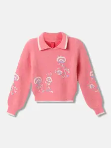 Blue Giraffe Girls Self Design Floral Pullover Sweater