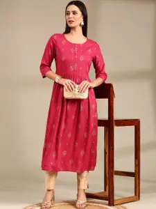 Anouk Ethnic Motifs Printed Round Neck Pleated A-Line Kurta