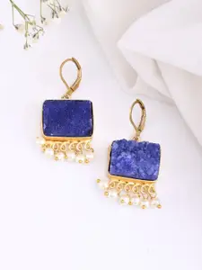 DASTOOR Gold Plated Artificial Stones & Beads Studded Square Drop Earrings