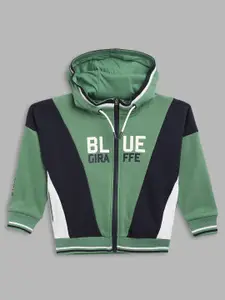 Blue Giraffe Boys Colourblocked Hood Cotton Front-Open Ribbed Sweatshirt